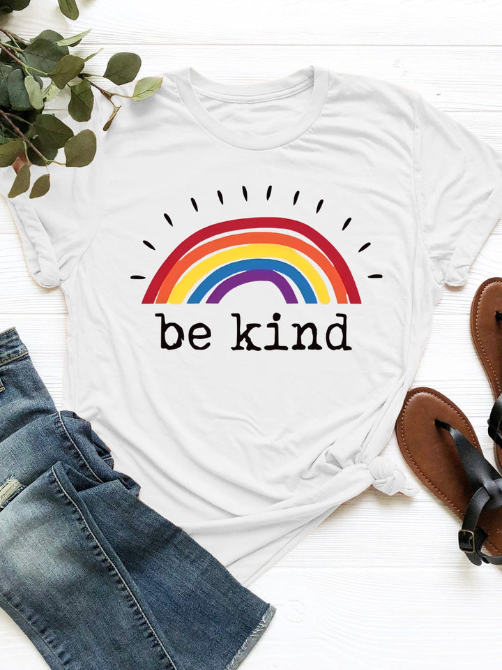 Rainbow Be Kind Graphic Round Neck Short Sleeve T-Shirt