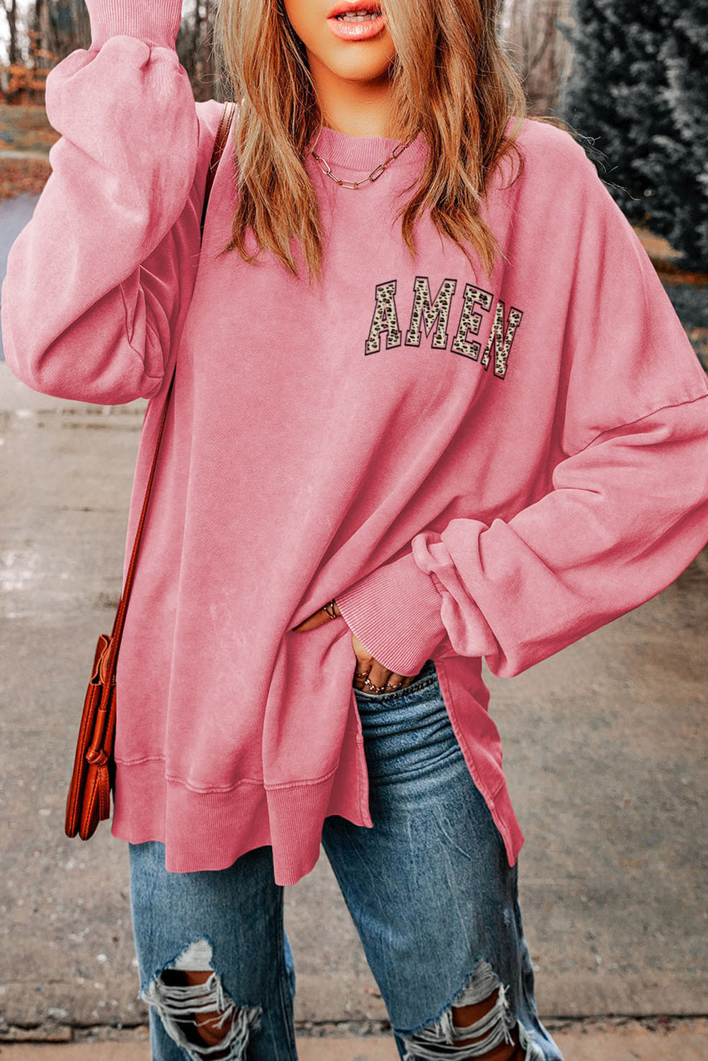 AMEN Graphic Dropped Shoulder Slit Sweatshirt-Ever Joy