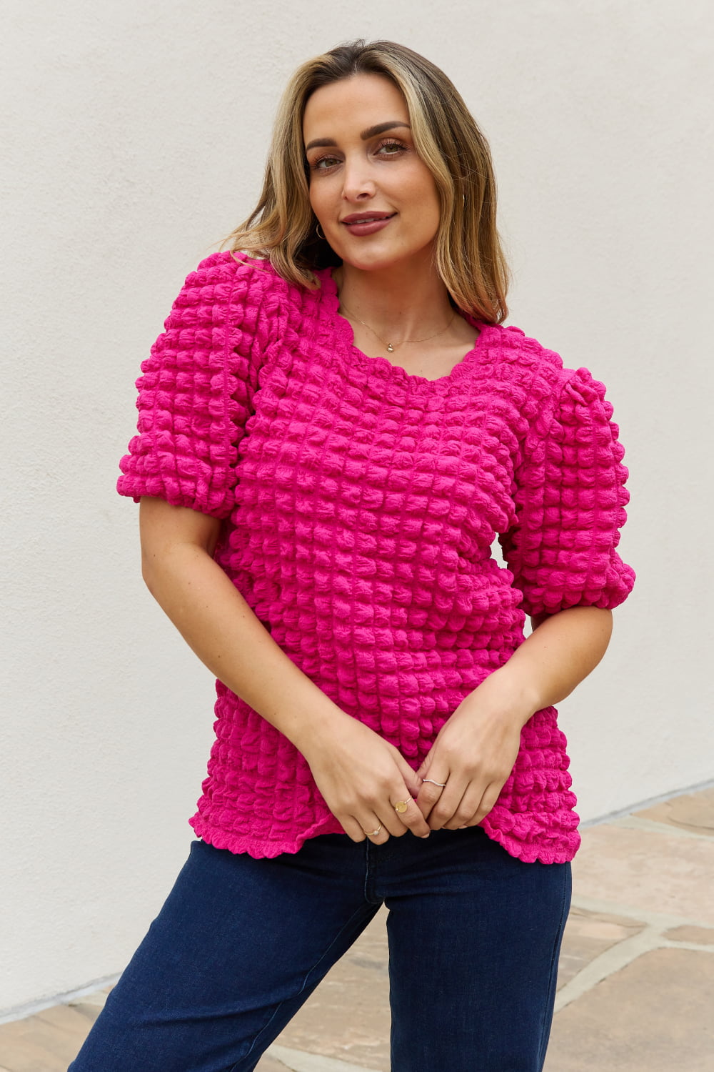 And The Why Full Size Bubble textured Puff Sleeve Top-Ever Joy