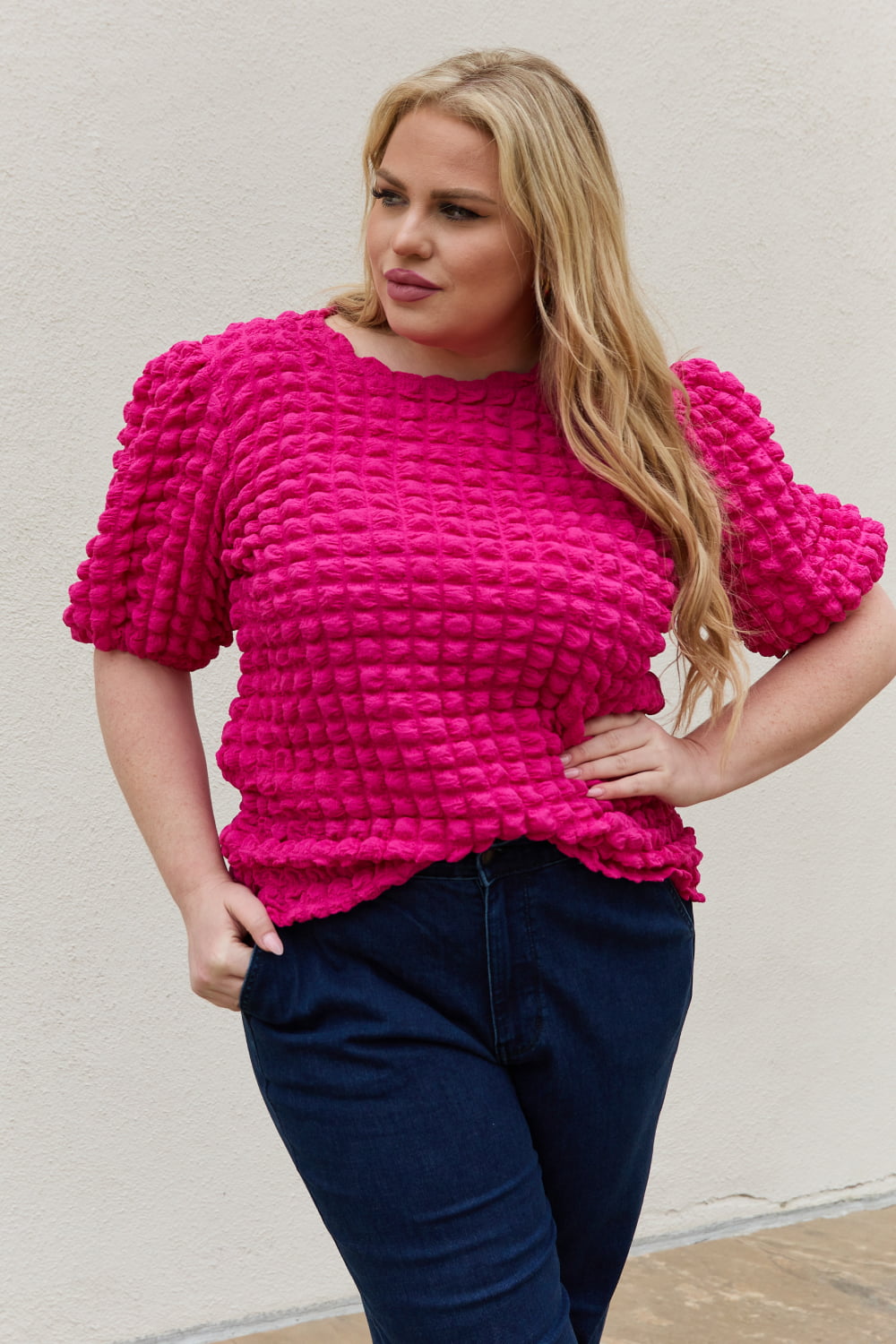 And The Why Full Size Bubble textured Puff Sleeve Top-Ever Joy