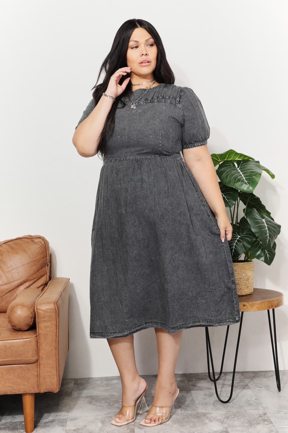 And The Why  Full Size Washed Chambray Midi Dress-Ever Joy