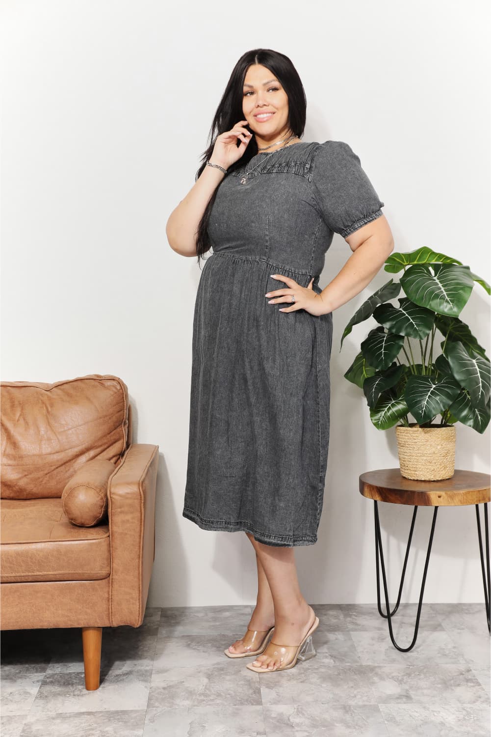 And The Why  Full Size Washed Chambray Midi Dress-Ever Joy