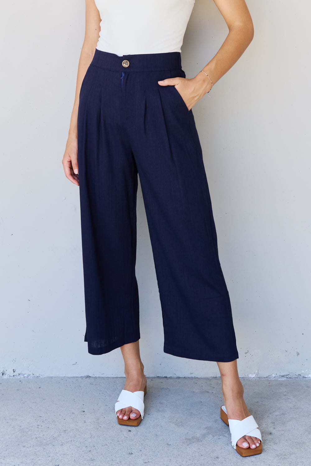 And The Why In The Mix Full Size Pleated Detail Linen Pants in Dark Navy-Ever Joy