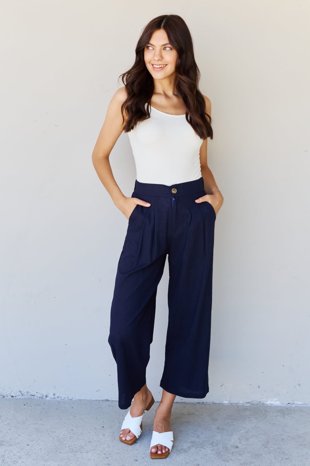 And The Why In The Mix Full Size Pleated Detail Linen Pants in Dark Navy-Ever Joy