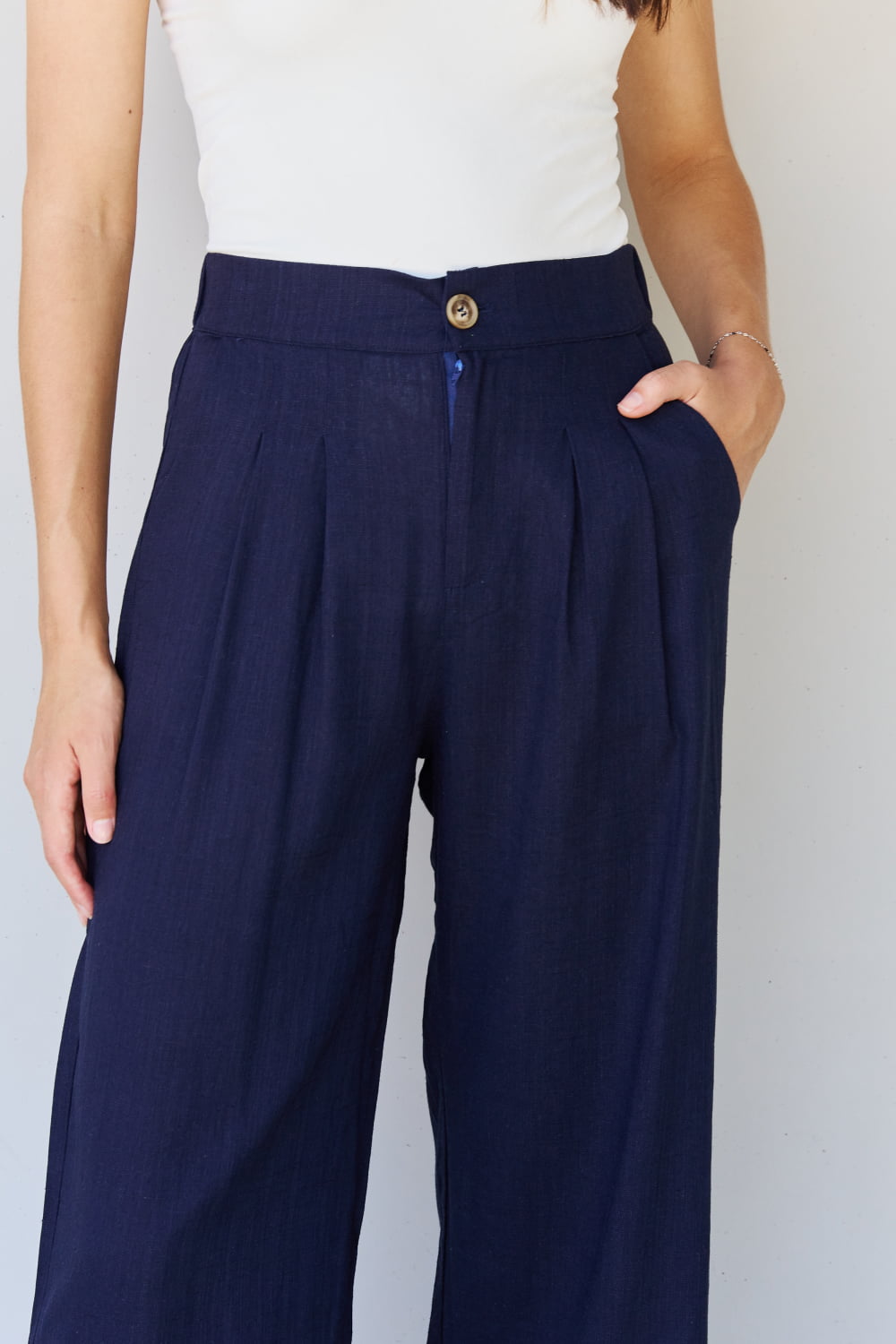 And The Why In The Mix Full Size Pleated Detail Linen Pants in Dark Navy-Ever Joy