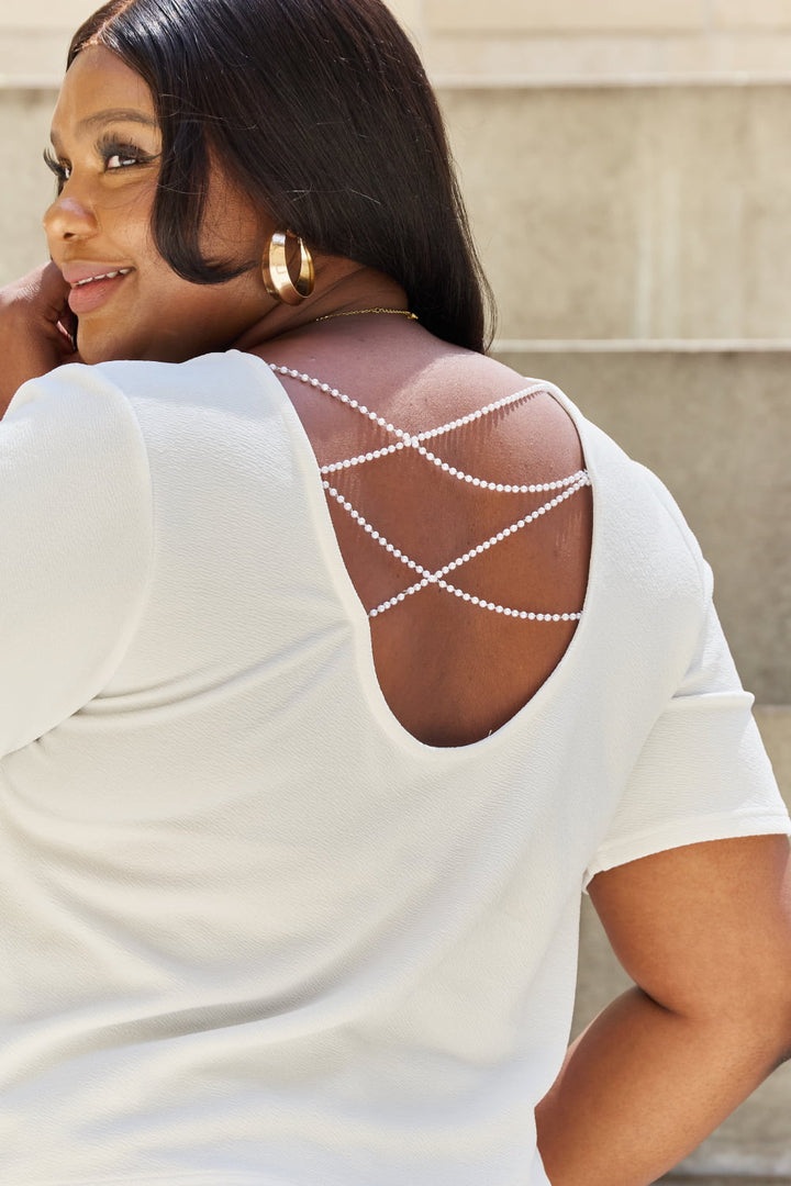 And The Why Pearly White Full Size Criss Cross Pearl Detail Open Back T-Shirt-Ever Joy