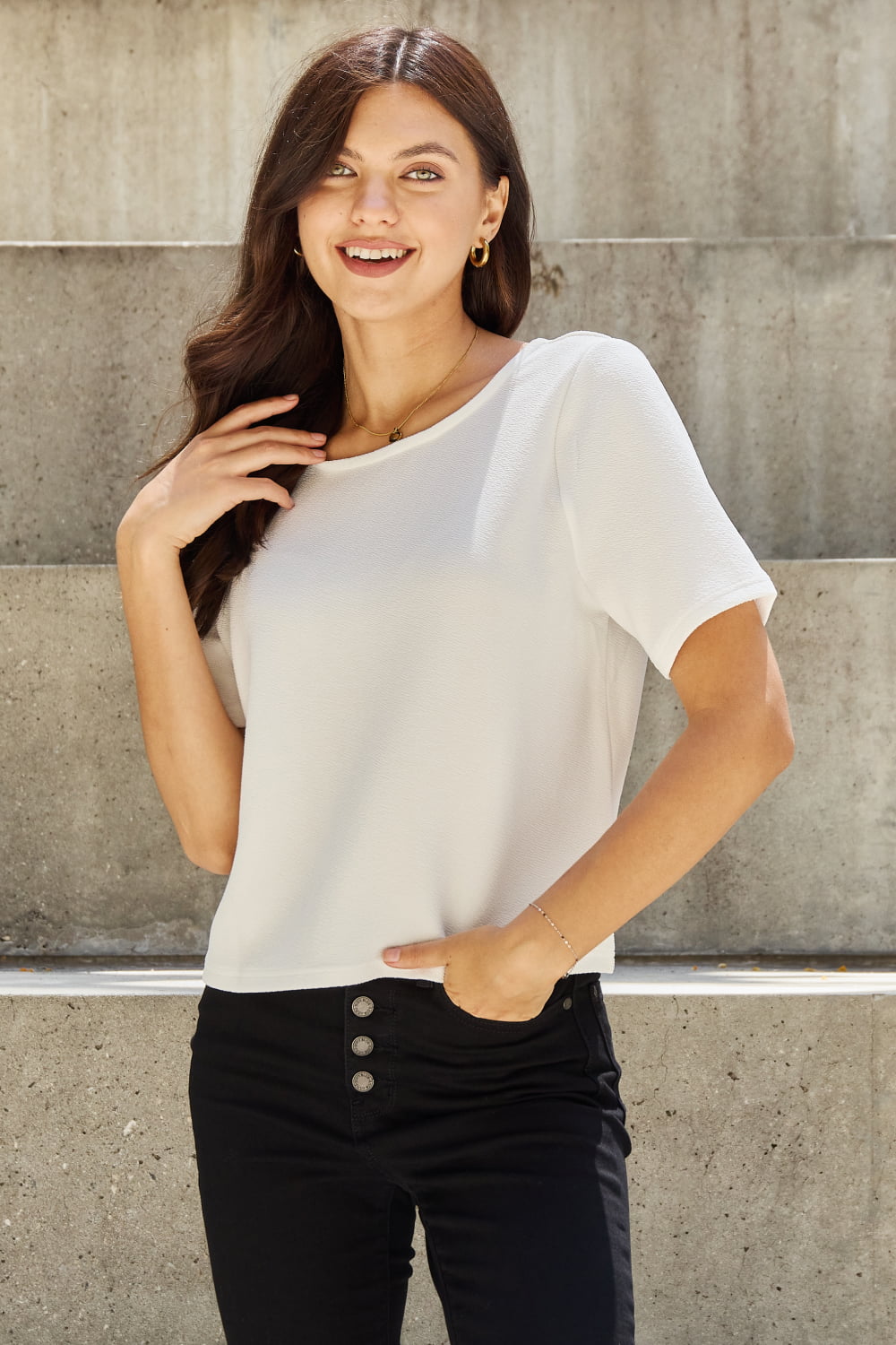 And The Why Pearly White Full Size Criss Cross Pearl Detail Open Back T-Shirt-Ever Joy