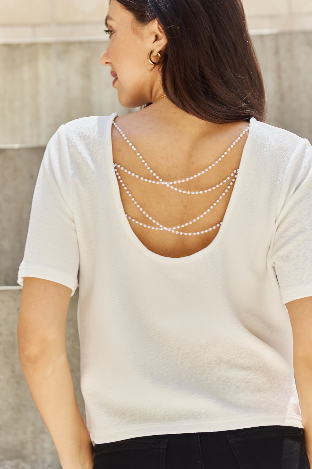 And The Why Pearly White Full Size Criss Cross Pearl Detail Open Back T-Shirt-Ever Joy