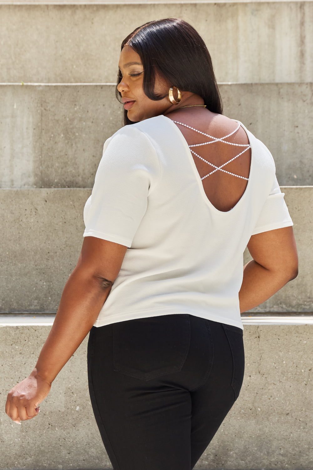 And The Why Pearly White Full Size Criss Cross Pearl Detail Open Back T-Shirt-Ever Joy