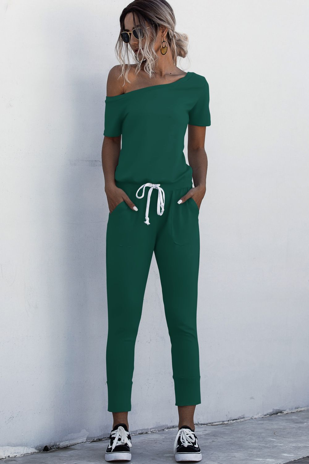 Asymmetrical Neck Tied Jumpsuit With Pockets