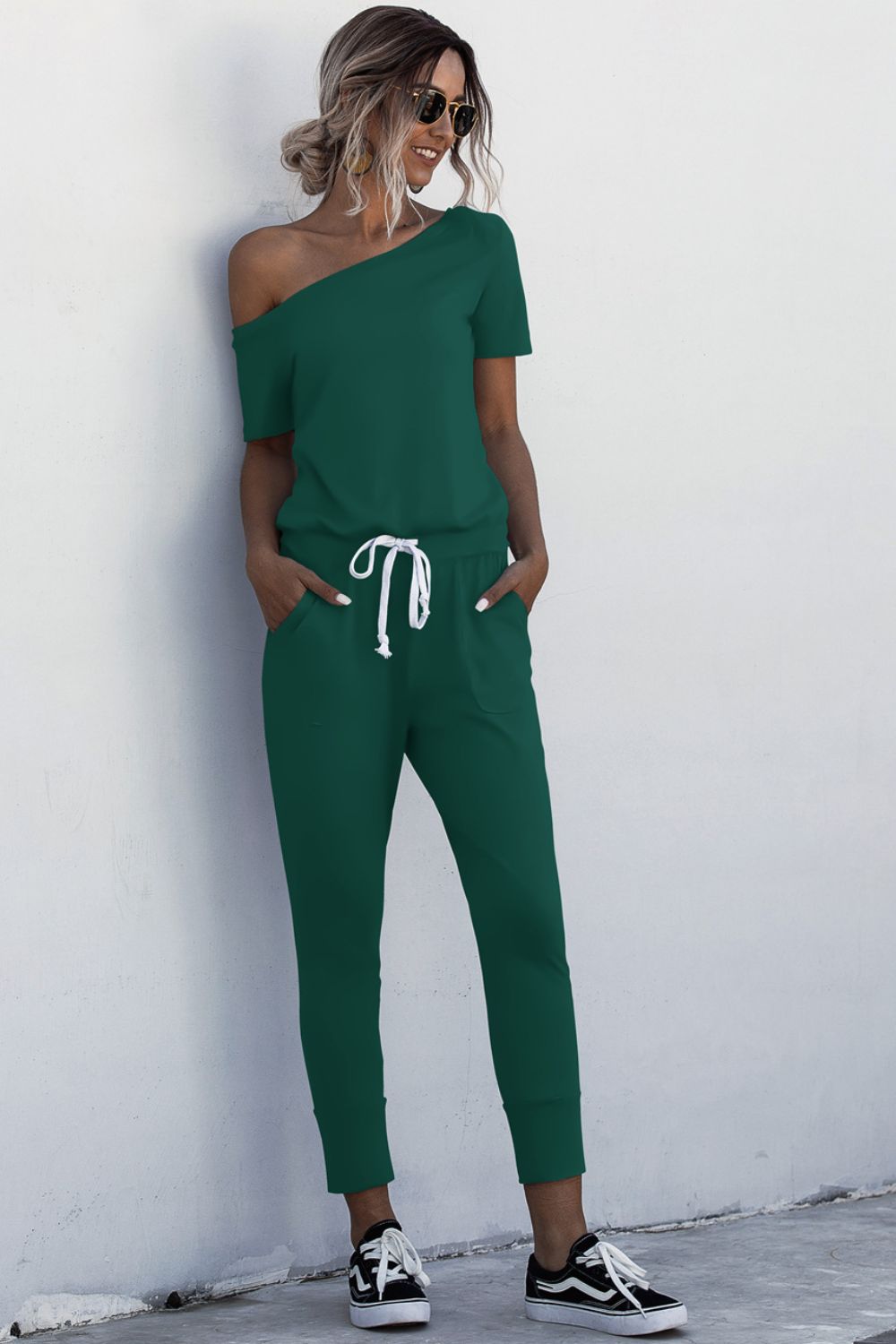 Asymmetrical Neck Tied Jumpsuit With Pockets