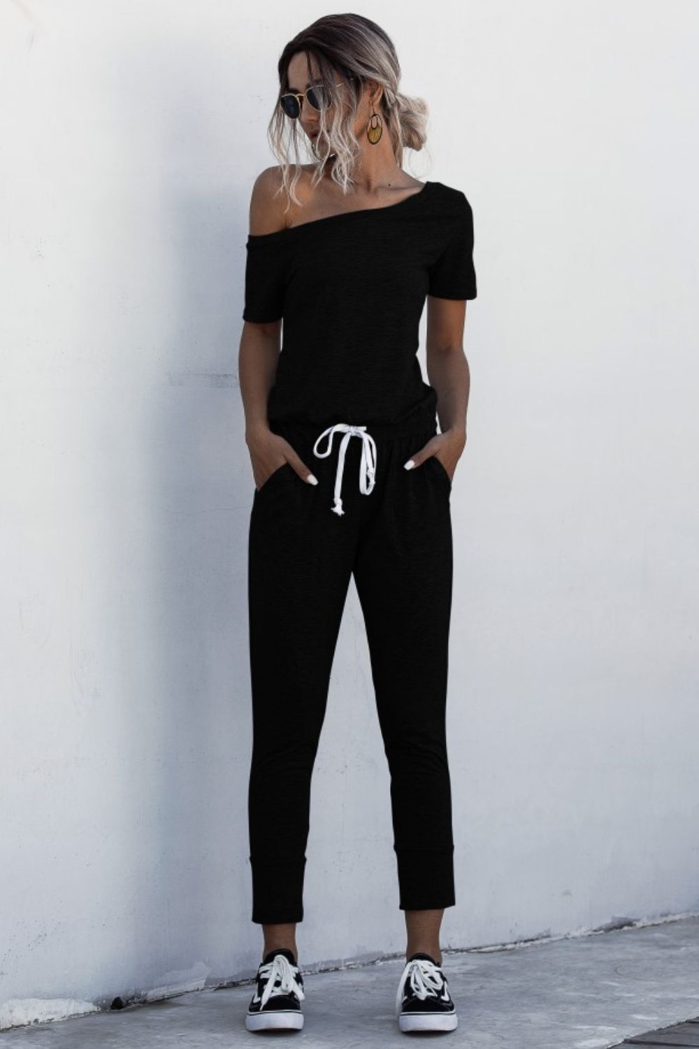 Asymmetrical Neck Tied Jumpsuit With Pockets