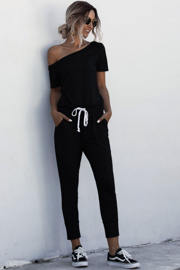 Asymmetrical Neck Tied Jumpsuit With Pockets