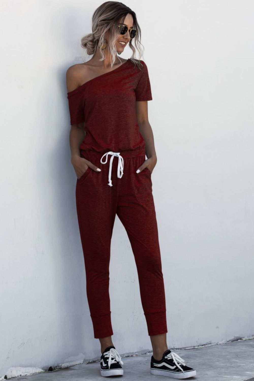 Asymmetrical Neck Tied Jumpsuit With Pockets