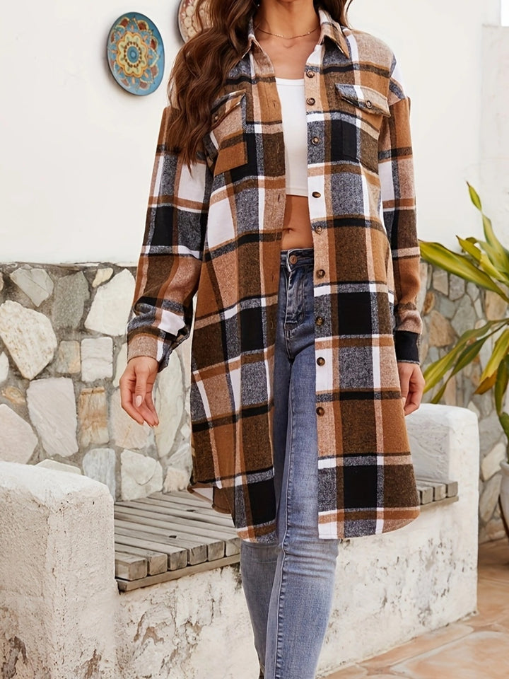 Plaid Collared Neck Long Sleeve Jacket