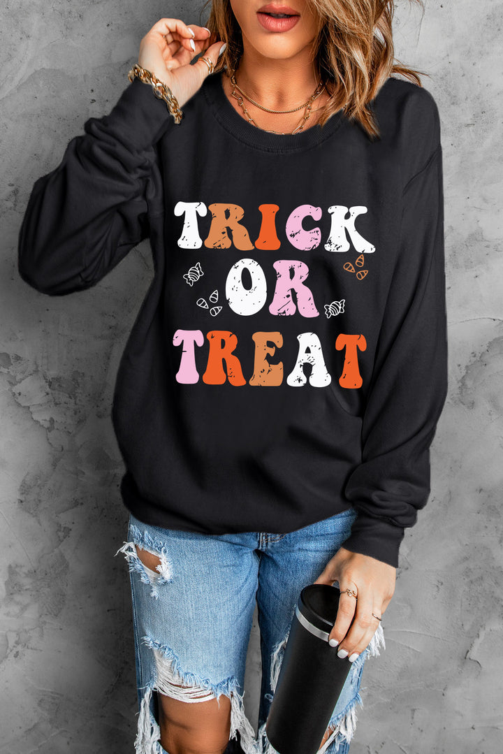 Trick or Treat Graphic Round Neck Long Sleeve Sweatshirt