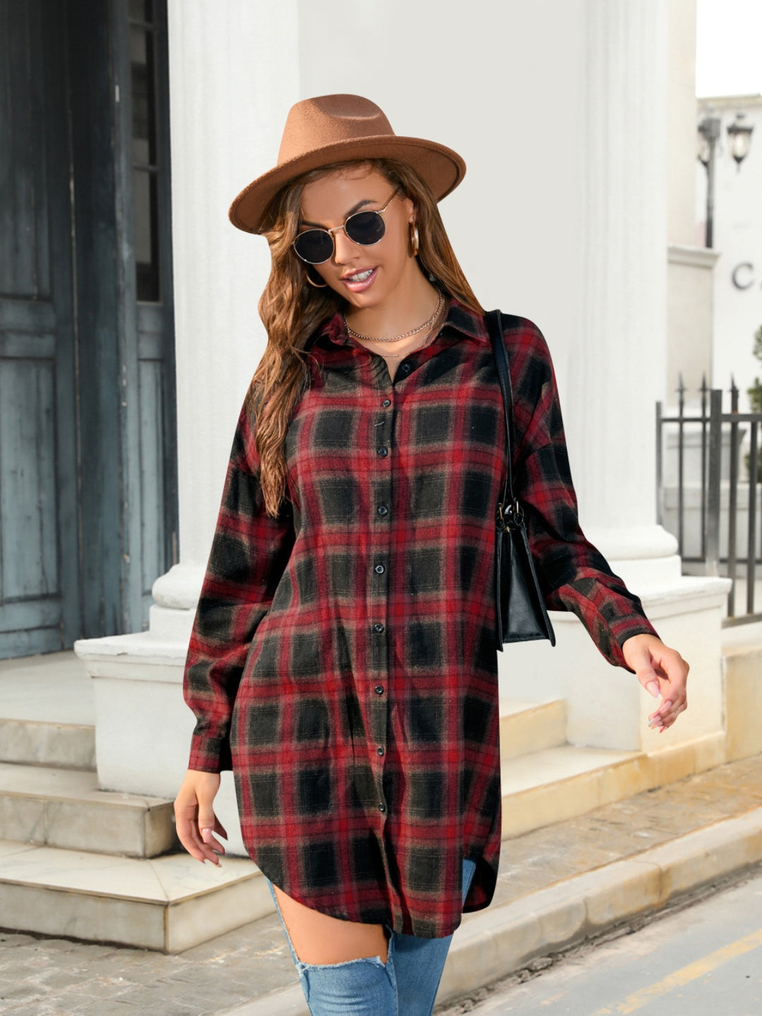 Full Size Plaid Button Up Dropped Shoulder Shirt