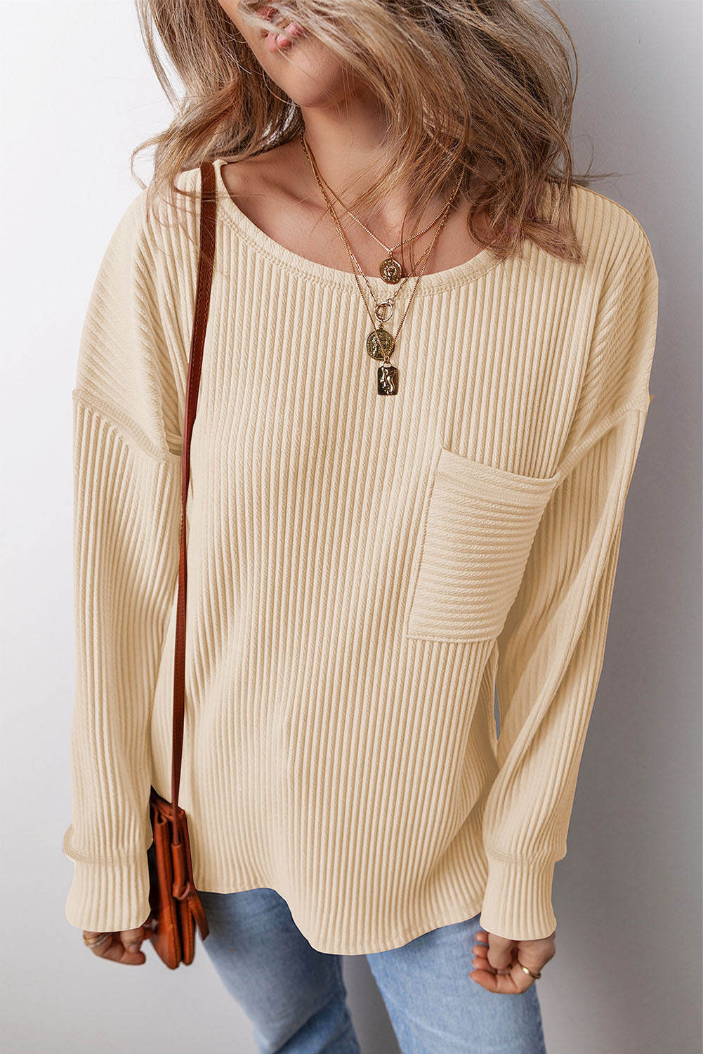 Pocketed Round Neck Long Sleeve Top