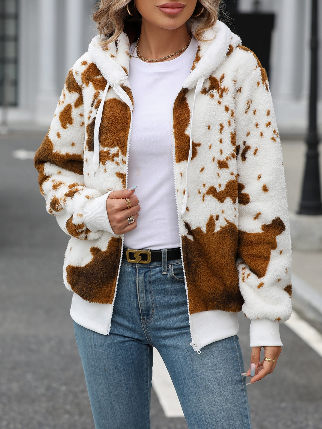 Cow Print Fuzzy Drawstring Zip Up Hooded Jacket