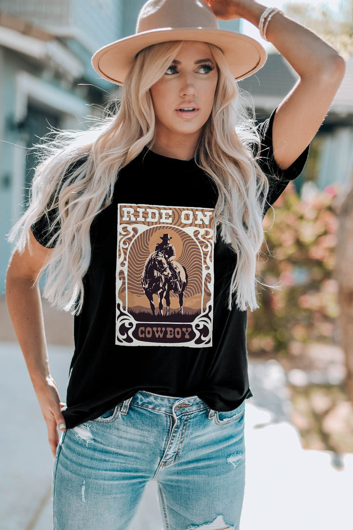 Ride on Cowboy Western Graphic Round Neck Short Sleeve T-Shirt