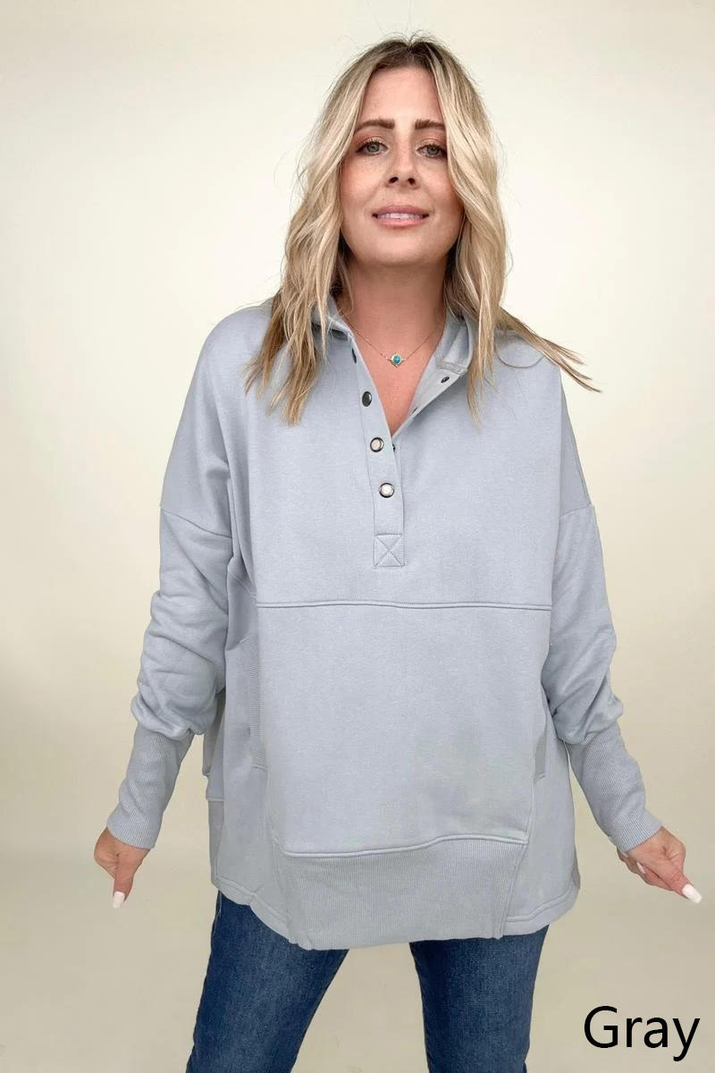 Blouses - Batwing Sleeve Buttoned Hoodie With Pockets