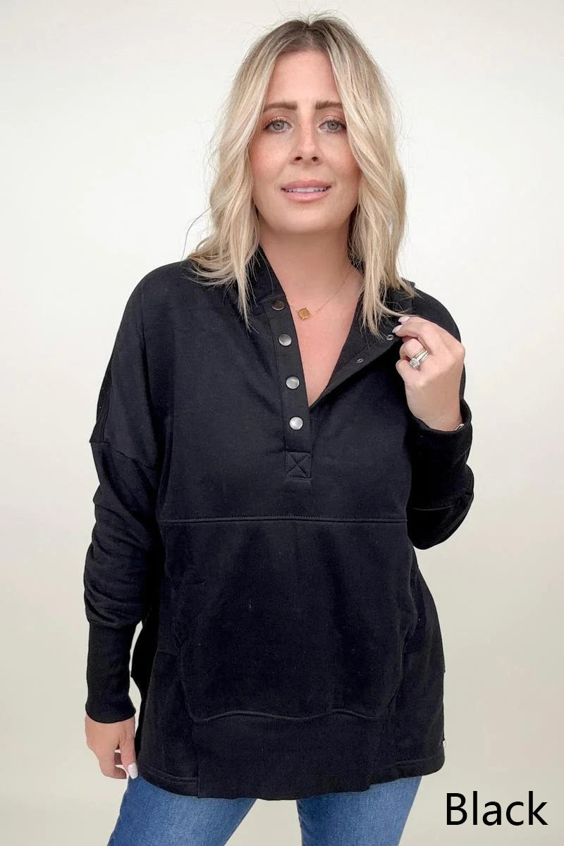 Blouses - Batwing Sleeve Buttoned Hoodie With Pockets