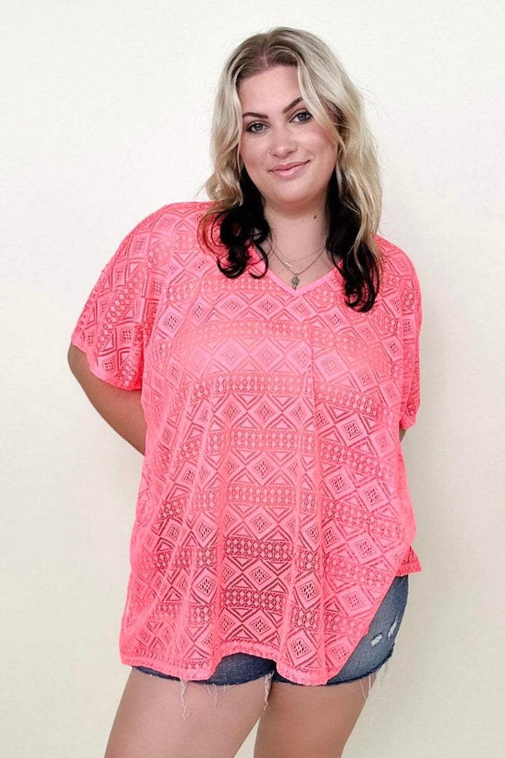 Blouses - Cotton Bleu Lace V Neck Drop Shoulder Oversize Top