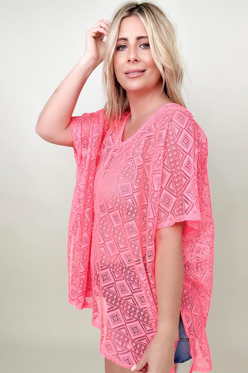 Blouses - Cotton Bleu Lace V Neck Drop Shoulder Oversize Top