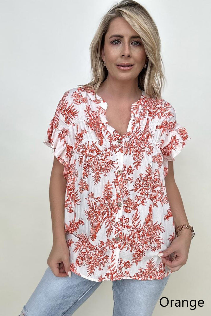 Blouses - Cozy Co Floral Print Button Down Ruffle Sleeve Top
