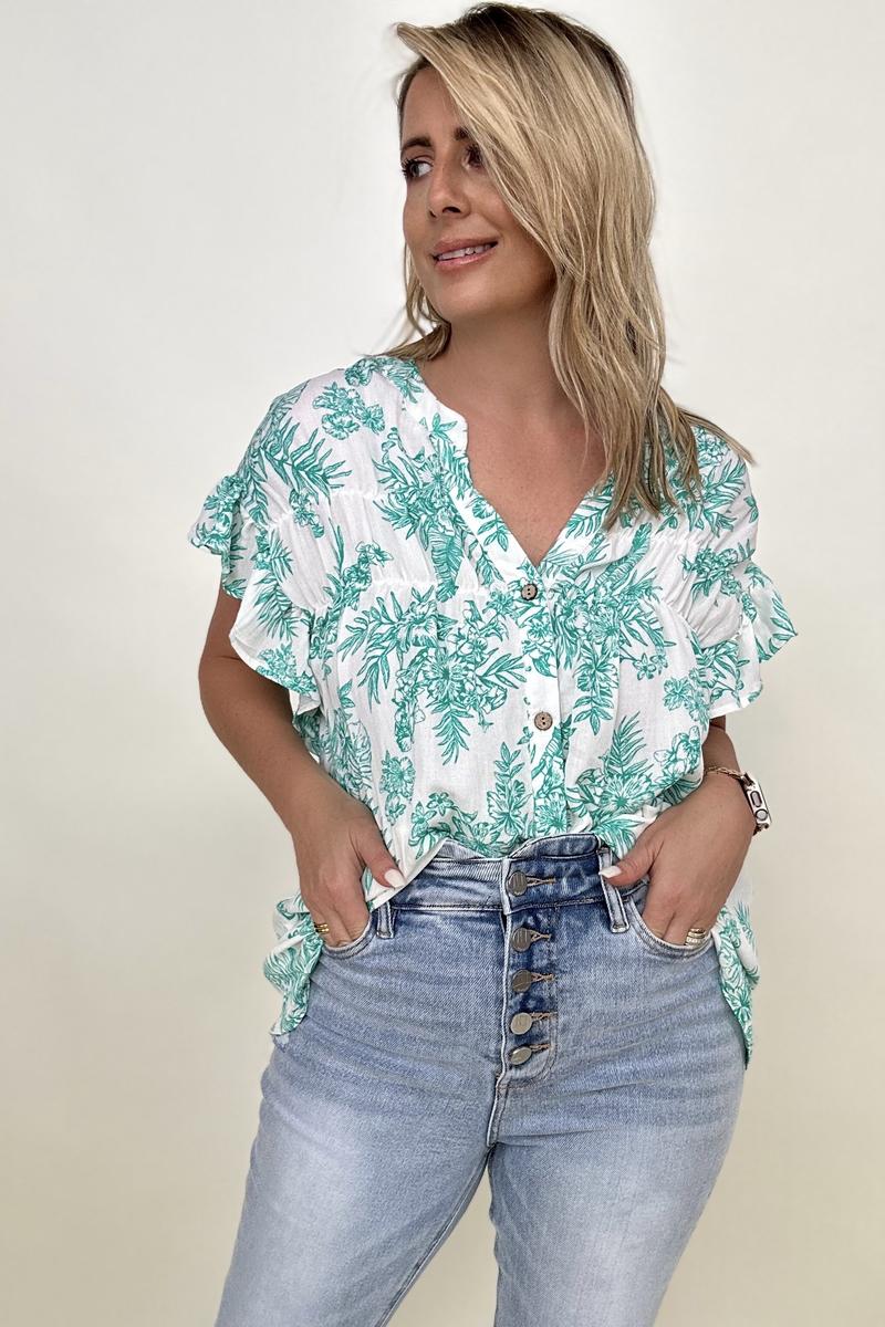 Blouses - Cozy Co Floral Print Button Down Ruffle Sleeve Top