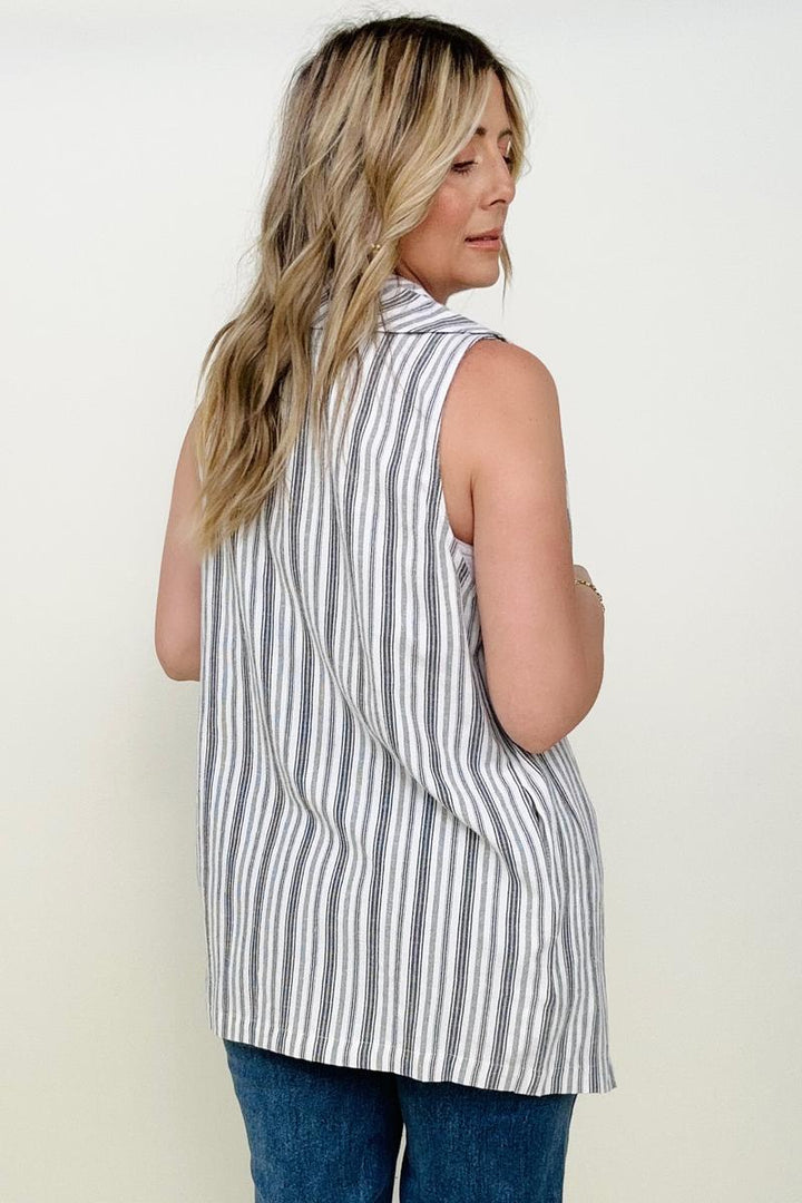 Blouses - Cozy Co Linen Blend Striped Sleeveless Cardigan Vest