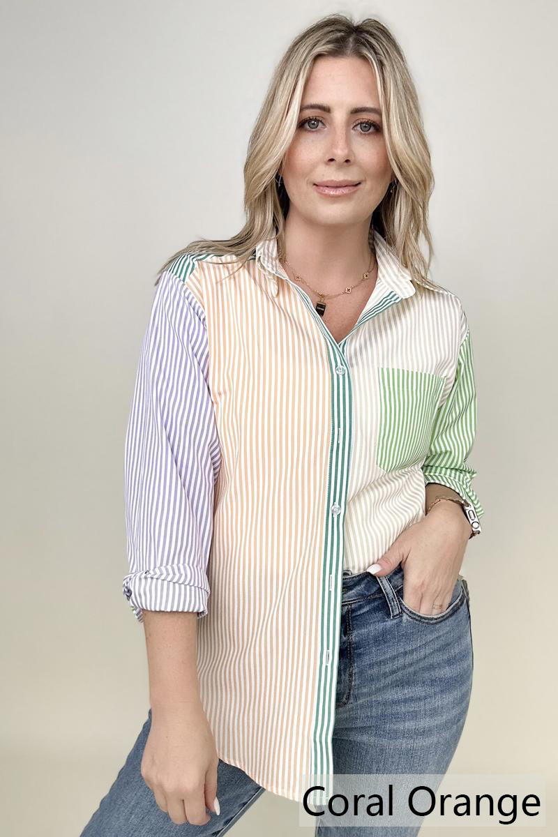 Blouses - Davi & Dani Multicolor Mixed Stripe Button Front Top