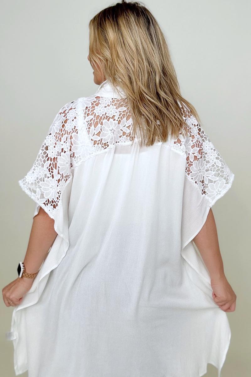 Blouses - Davi & Dani Solid Button Down Short Sleeve Hi-Low Lace Loose Top