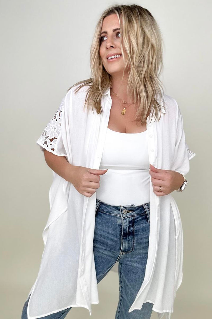 Blouses - Davi & Dani Solid Button Down Short Sleeve Hi-Low Lace Loose Top