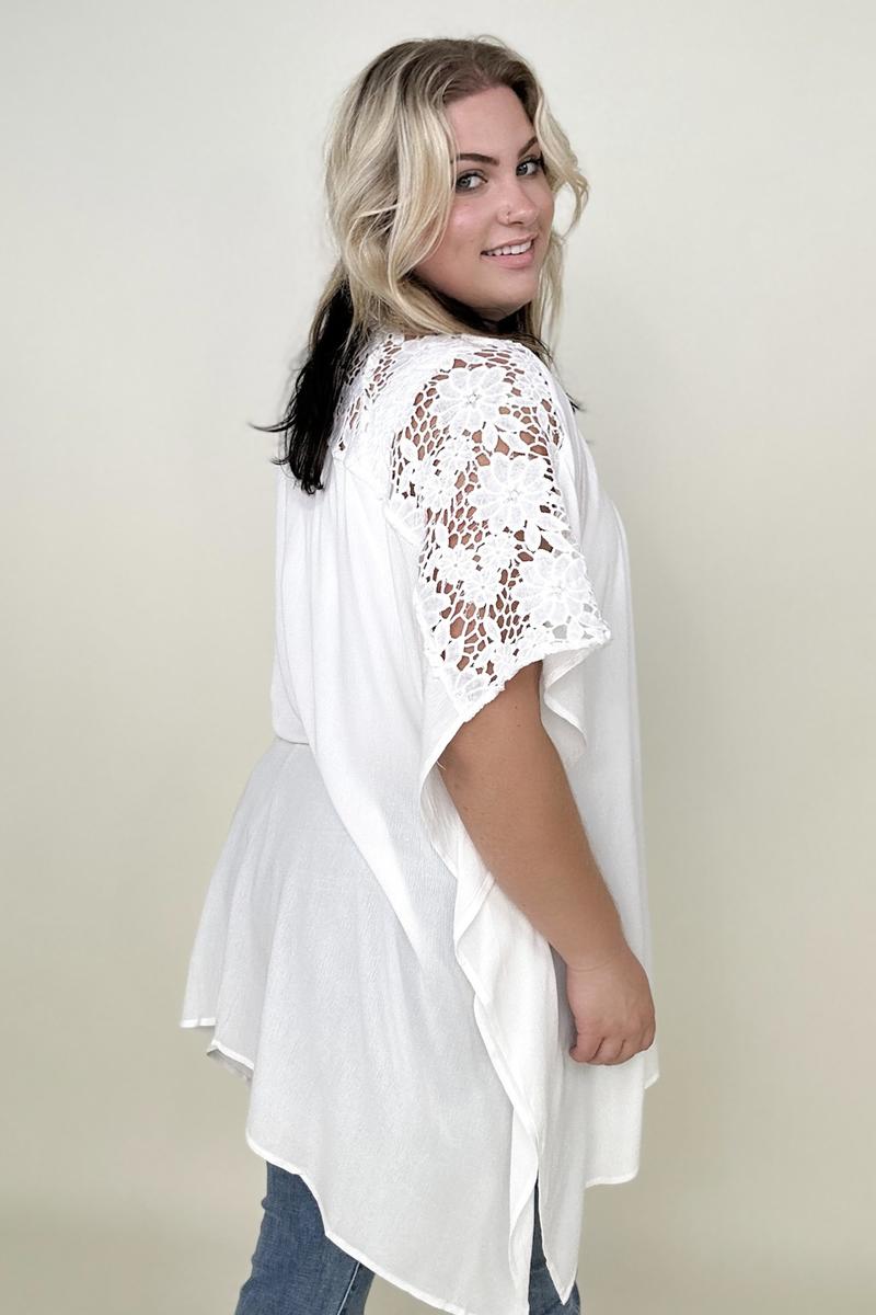 Blouses - Davi & Dani Solid Button Down Short Sleeve Hi-Low Lace Loose Top