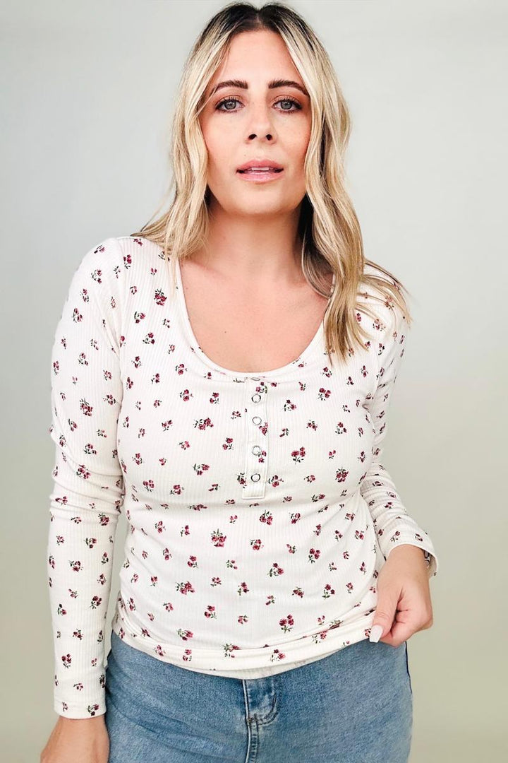 Blouses - FawnFit Ditsy Floral Henley Long Sleeve Top