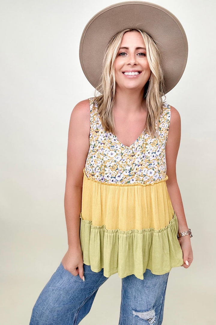 Blouses - Gigio Floral Color Block Tiered V-Neck Top
