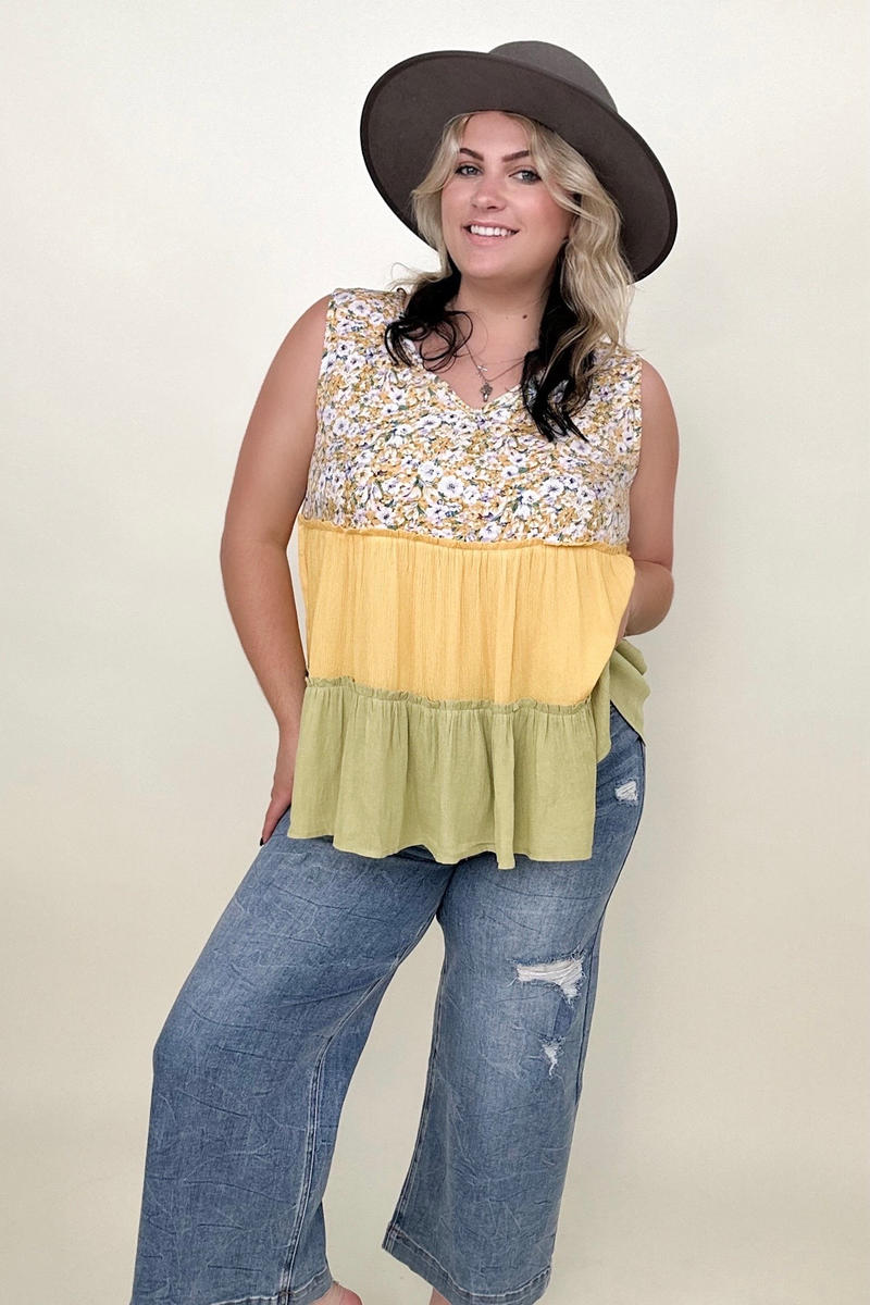 Blouses - Gigio Floral Color Block Tiered V-Neck Top