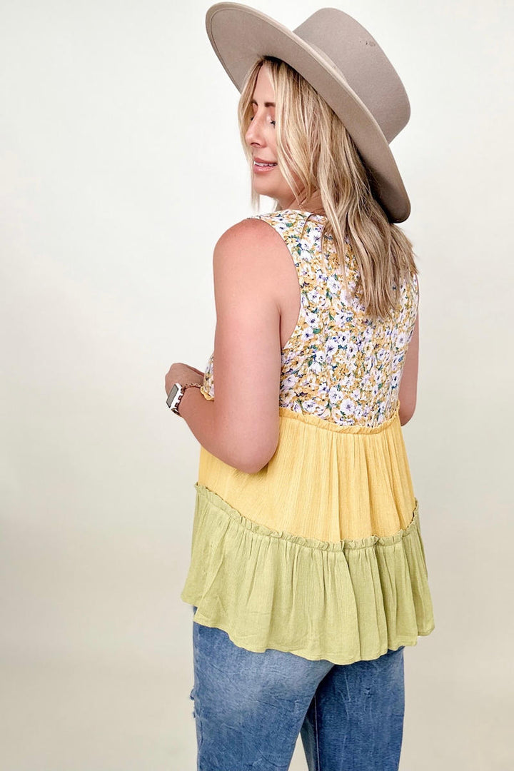 Blouses - Gigio Floral Color Block Tiered V-Neck Top