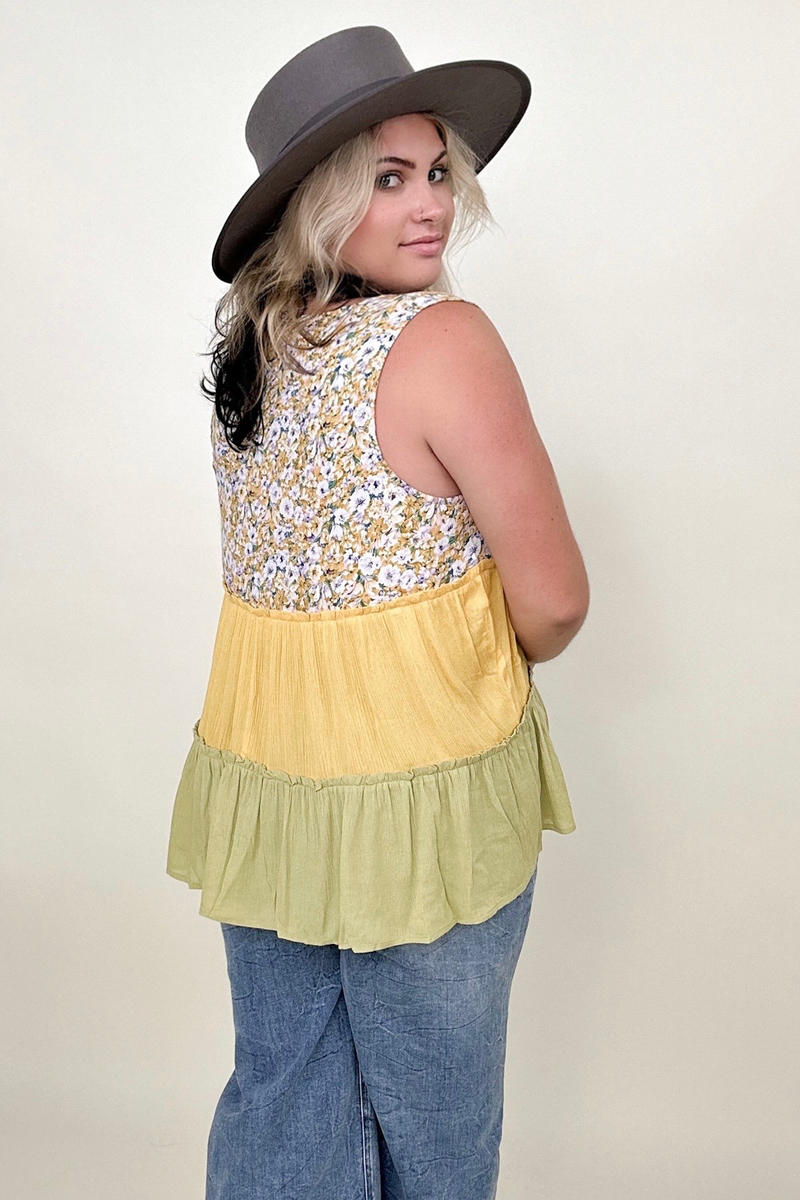 Blouses - Gigio Floral Color Block Tiered V-Neck Top