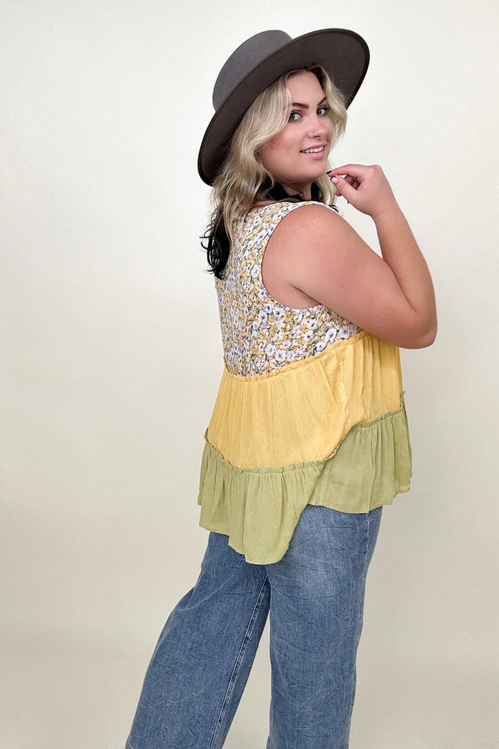 Blouses - Gigio Floral Color Block Tiered V-Neck Top