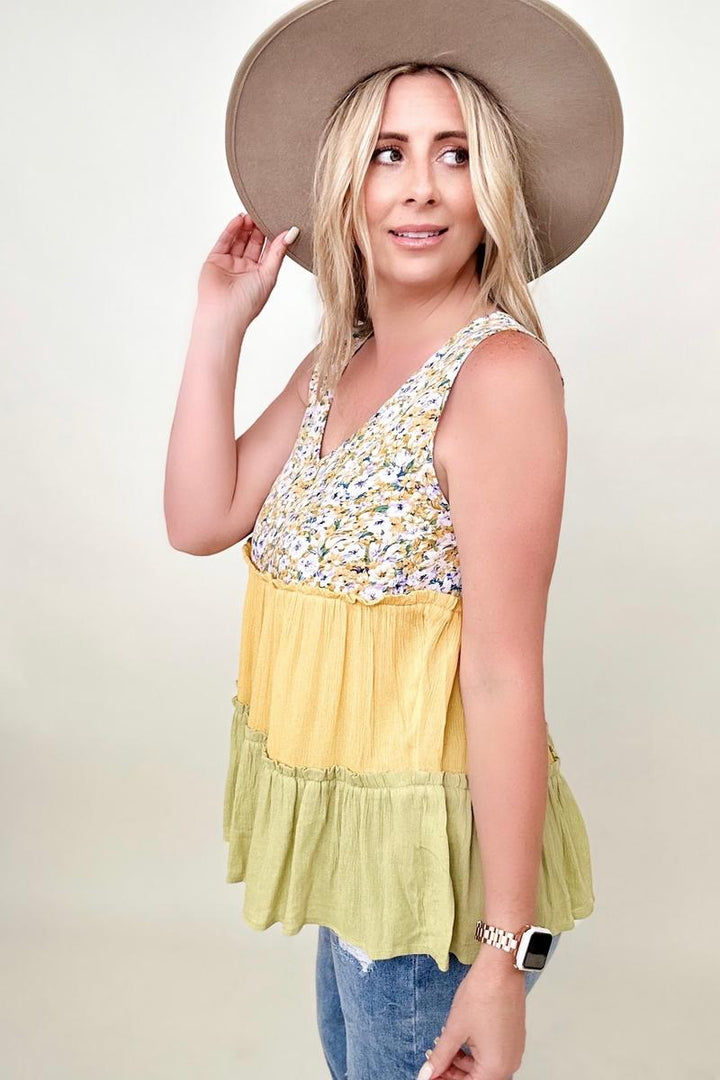 Blouses - Gigio Floral Color Block Tiered V-Neck Top
