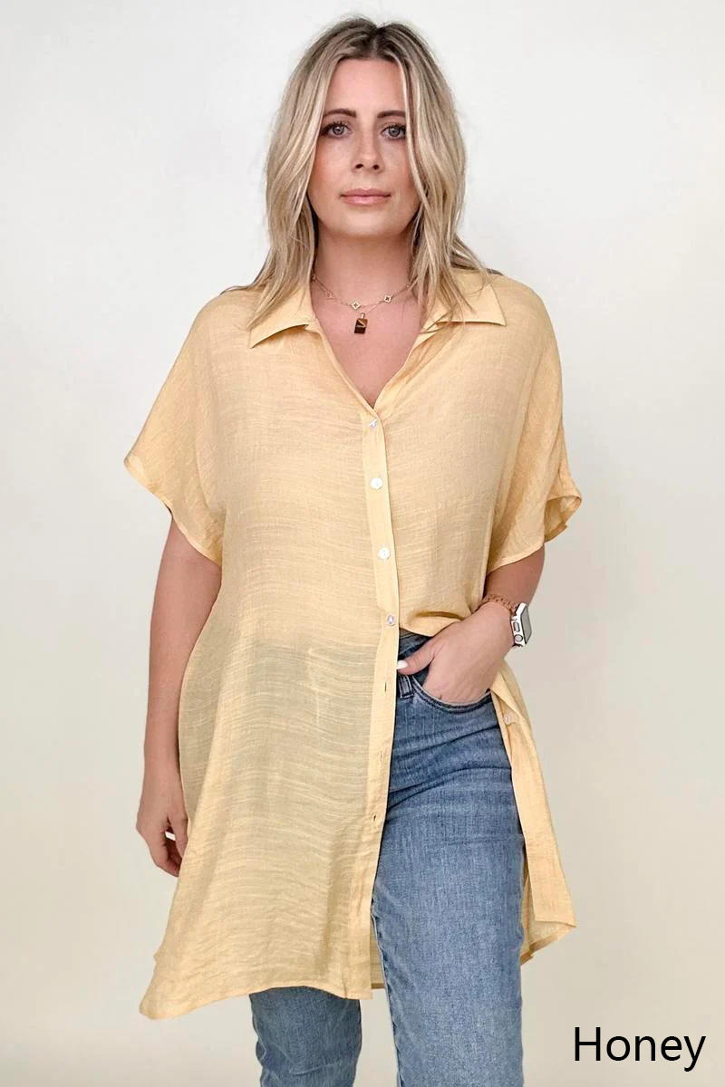 Blouses - Gigio Solid Button Down Loose Fit Gauzy Tunic