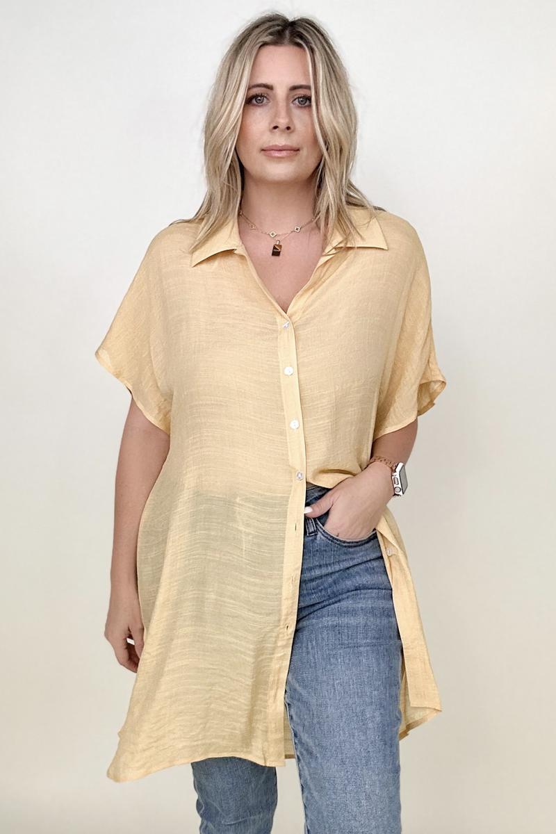 Blouses - Gigio Solid Button Down Loose Fit Gauzy Tunic