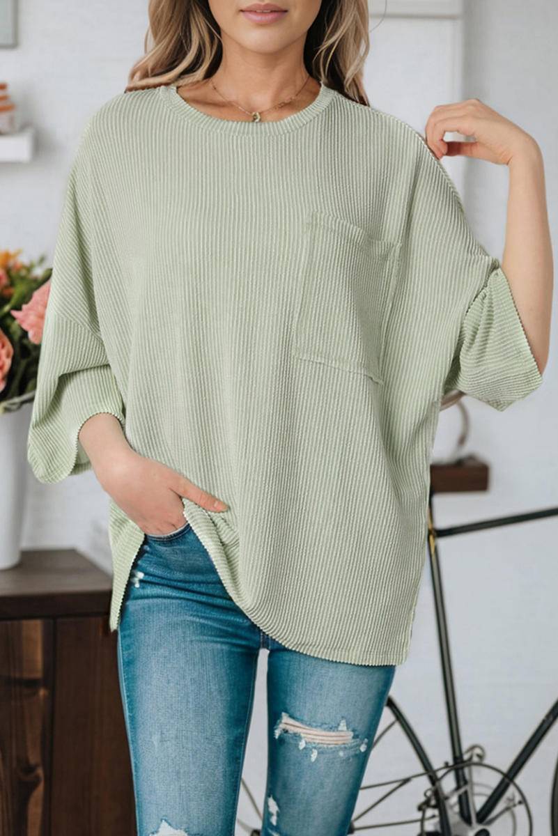 Blouses - Ribbed Roll-Tab Sleeve Chest Pocket Oversize Top