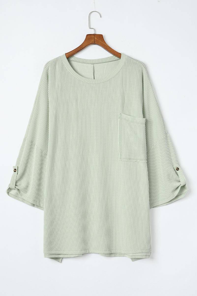 Blouses - Ribbed Roll-Tab Sleeve Chest Pocket Oversize Top