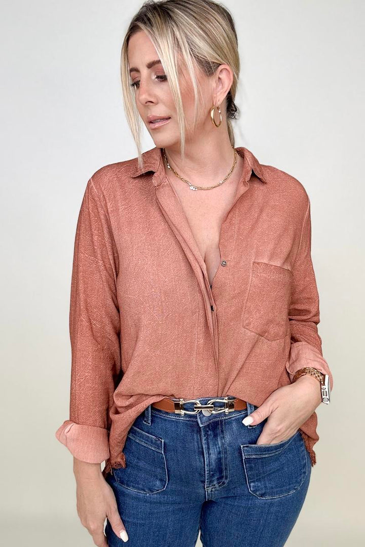 Blouses - Umgee Button Down Boyfriend Shirt With Frayed Hem