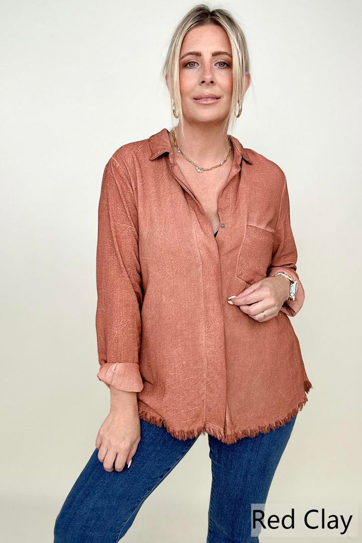 Blouses - Umgee Button Down Boyfriend Shirt With Frayed Hem