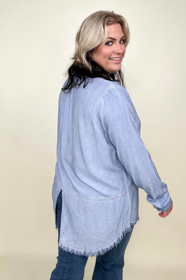 Blouses - Umgee Button Down Boyfriend Shirt With Frayed Hem