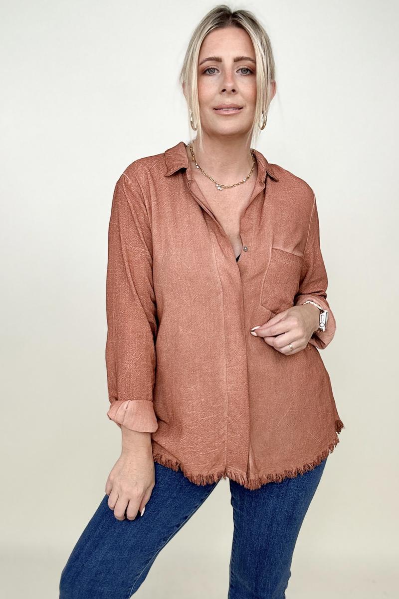 Blouses - Umgee Button Down Boyfriend Shirt With Frayed Hem